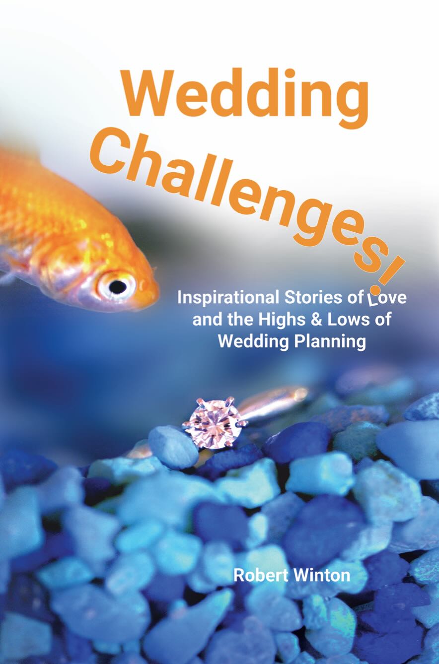 Cover of Robert Winton's book 'Wedding Challenges' which shows a goldfish looking at a wedding ring under water