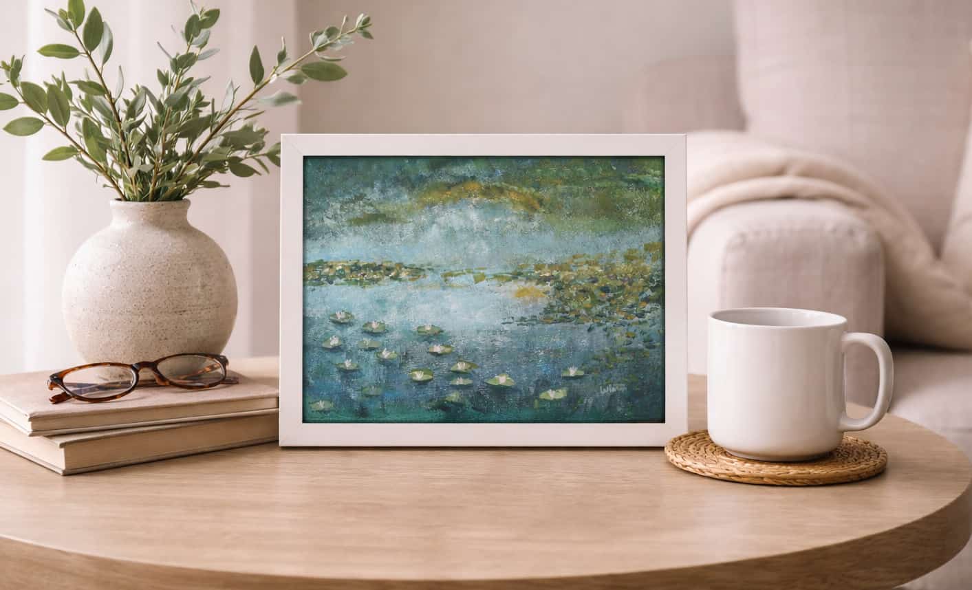 water lilies painting displayed in a frame on a coffee table