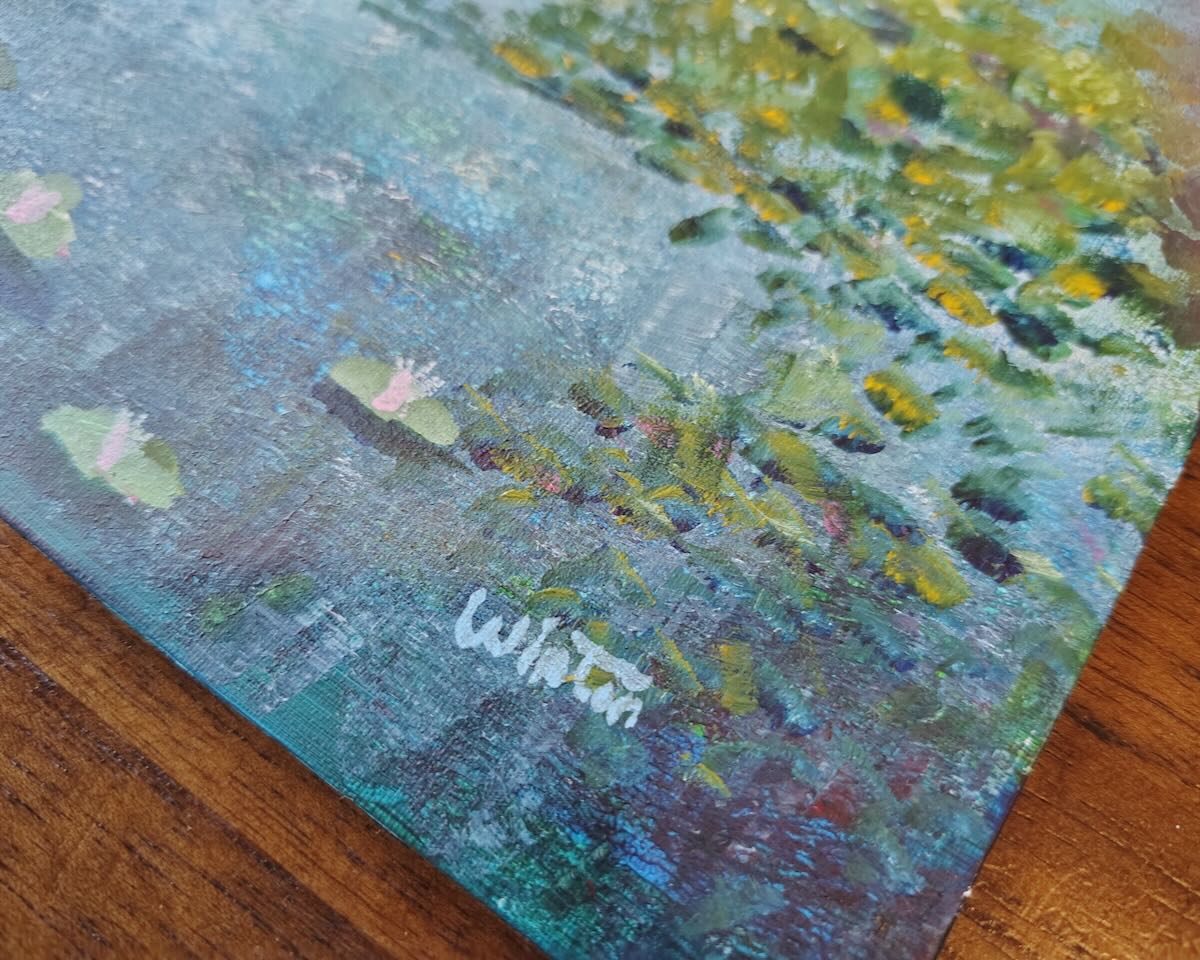 close up of signature of winton on waterlillies painting