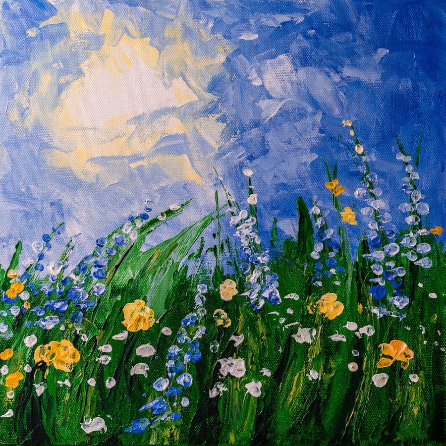 Original acrylic painting of blue, white, and yellow flowers beneath a bright open sky