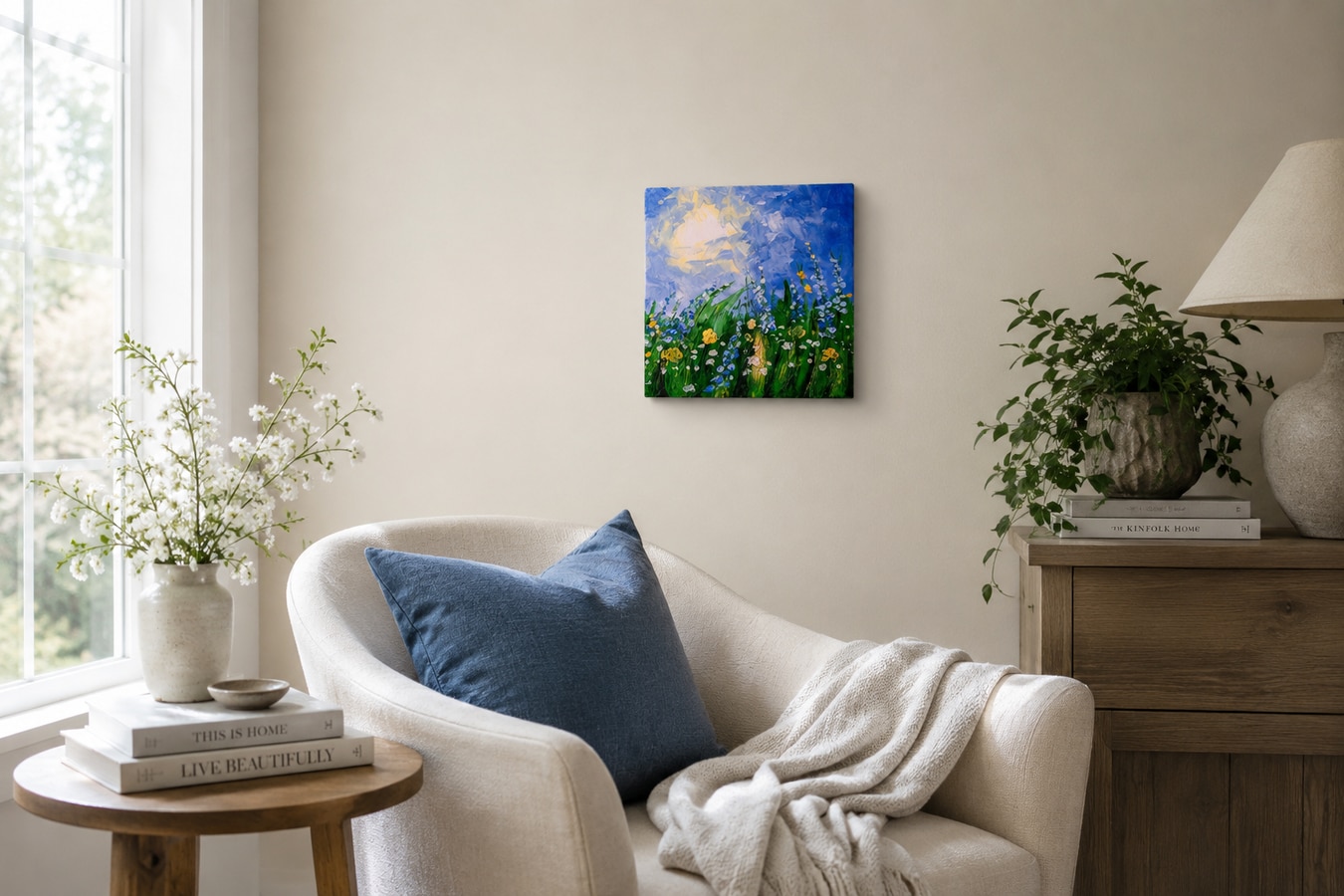Garden Vacation painting displayed on a wall in a bright sitting room