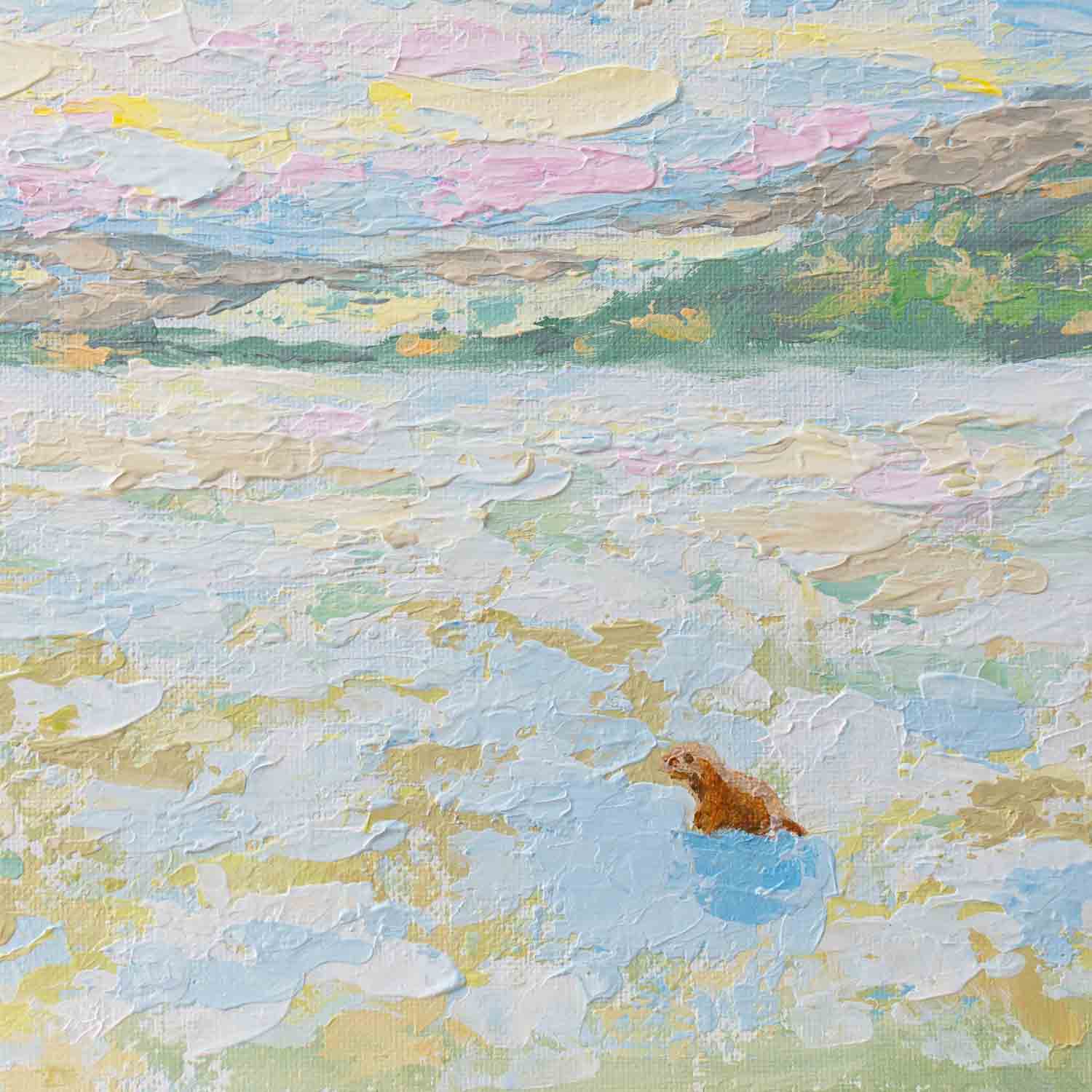 Original canvas painting of a sunrise and groundhog