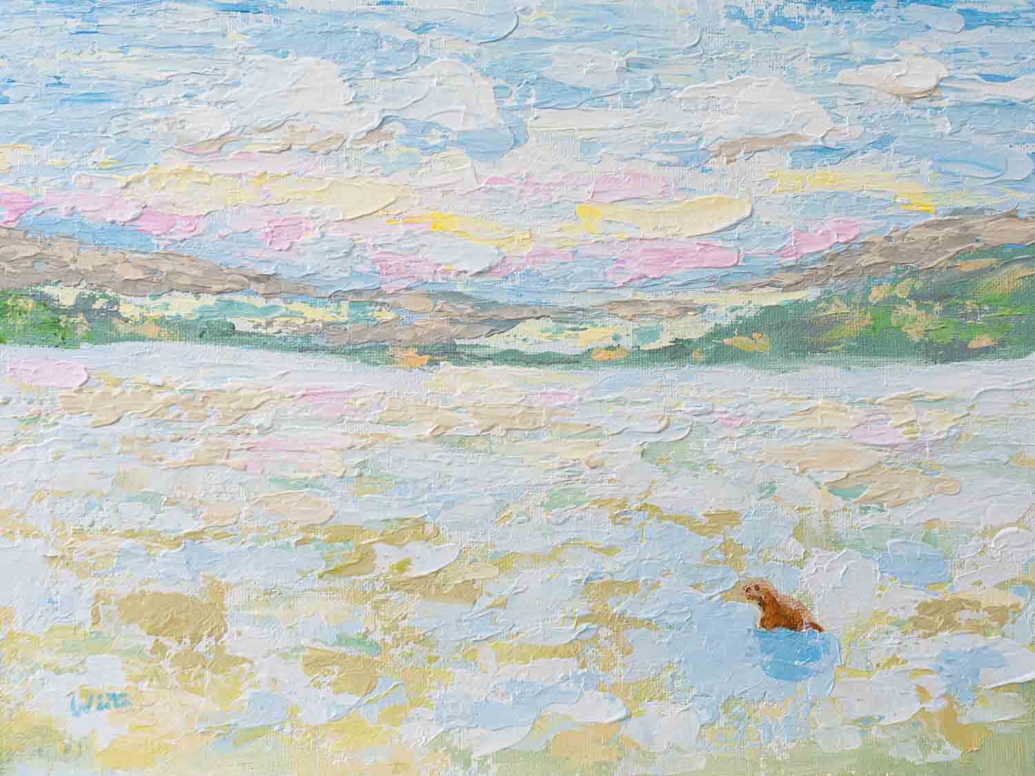 Original palette knife painting of sunrise landscape with groundhog