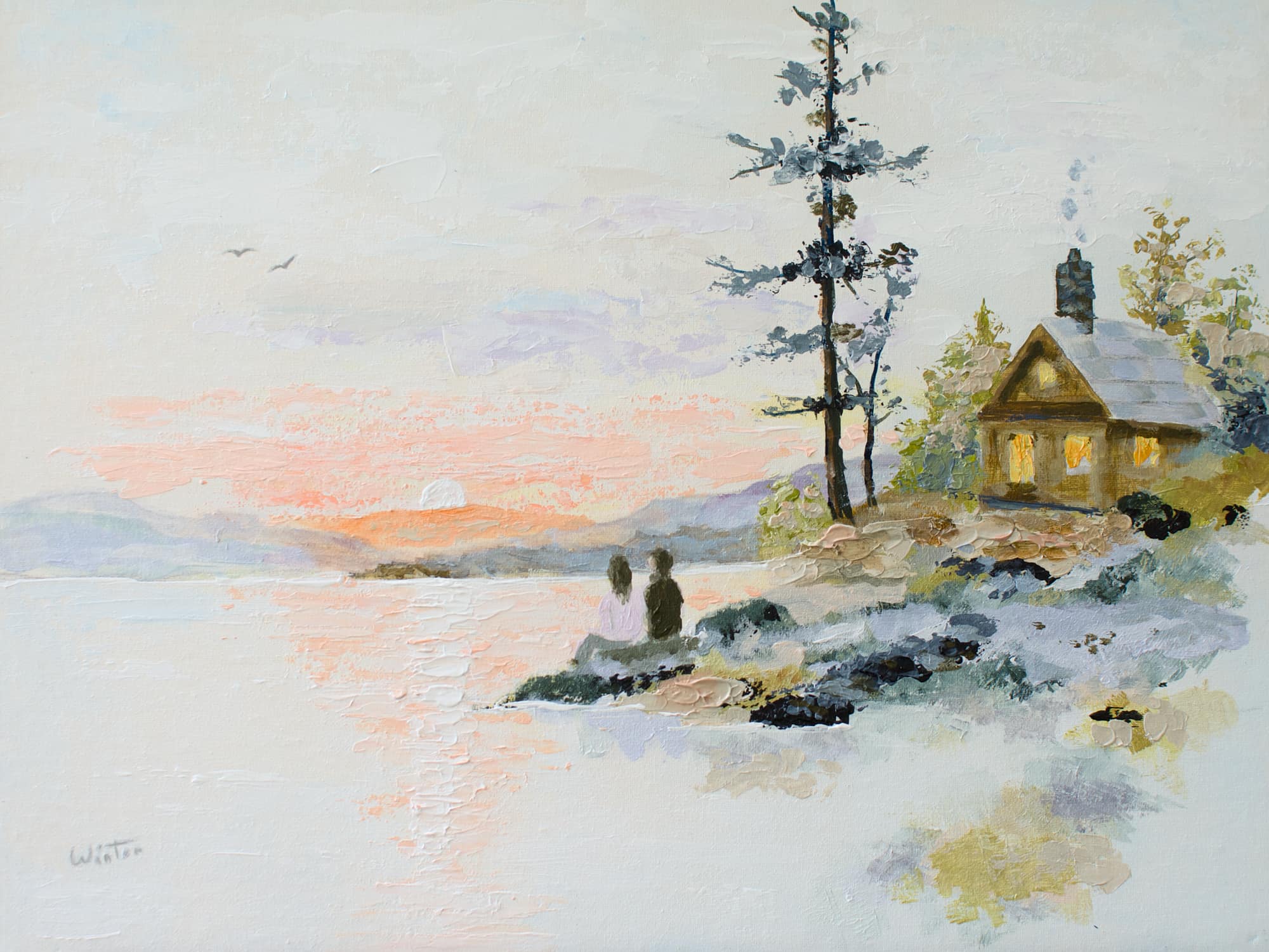 original palette knife painting of a couple sharing an anniversary evening beside a lakeside cabin