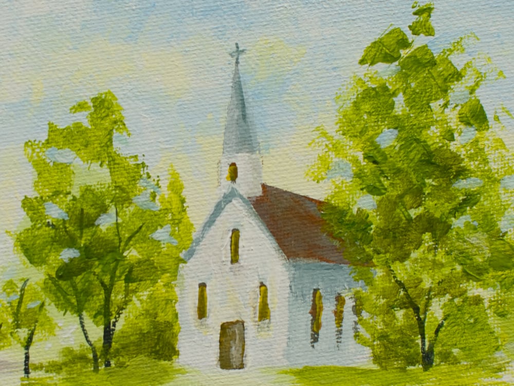 close-up detail of the country church and trees