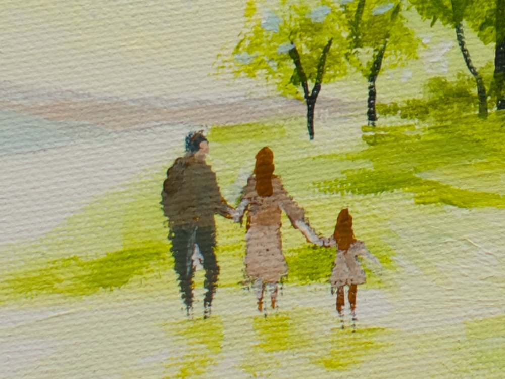 close-up detail of the family walking together
