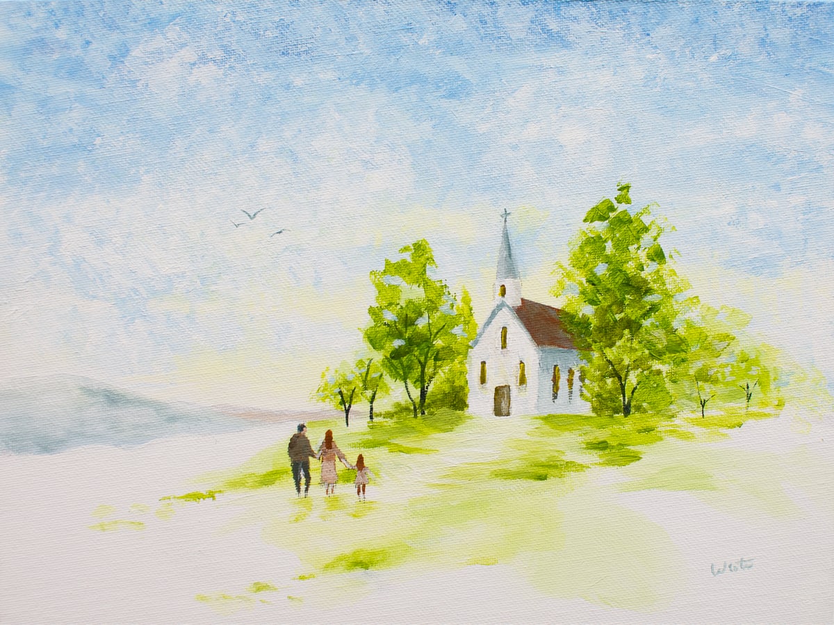 original acrylic painting of a family walking toward a country church on a bright Sunday morning