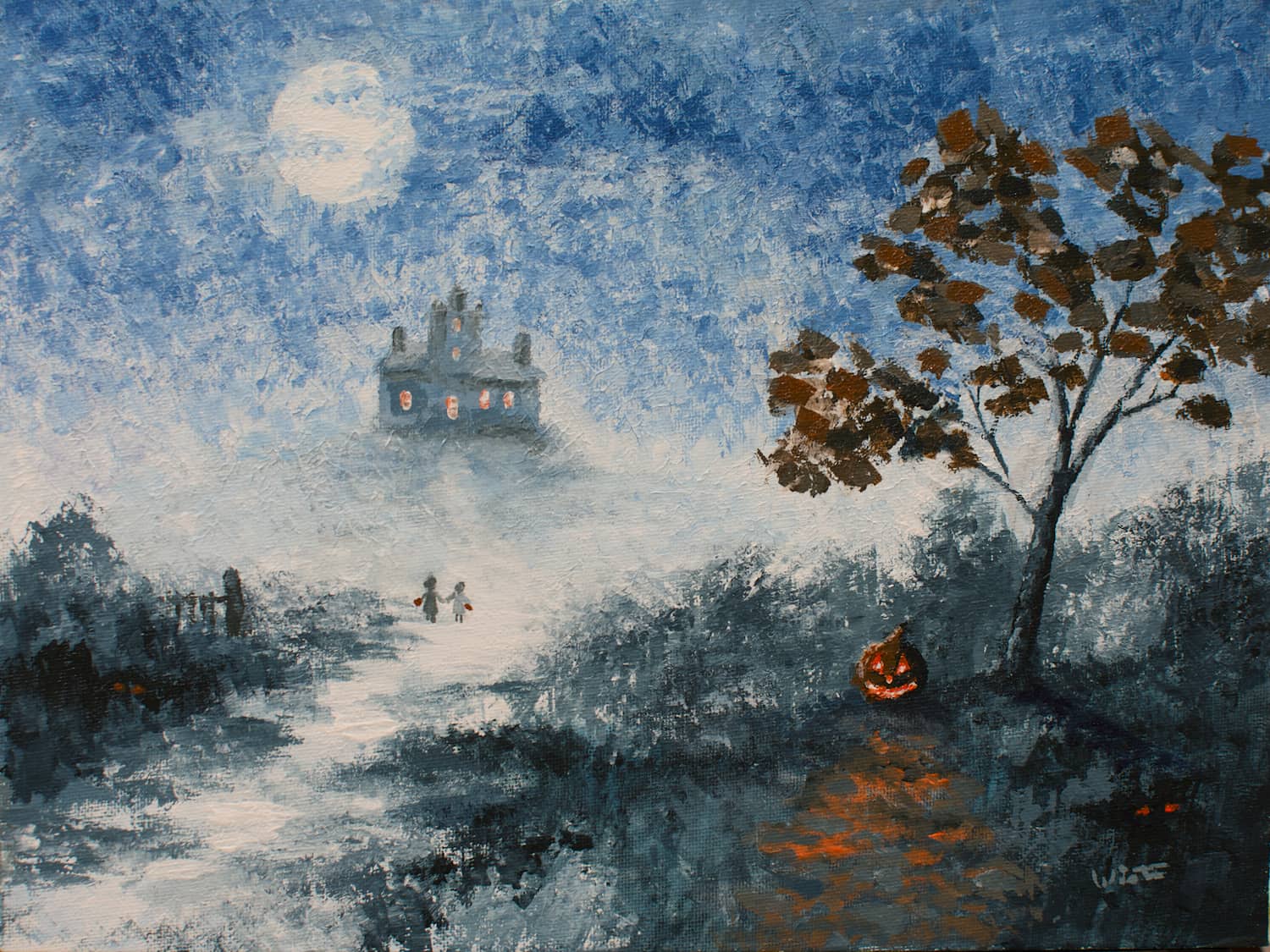 Original acrylic painting of two children walking toward a mysterious house on Halloween night