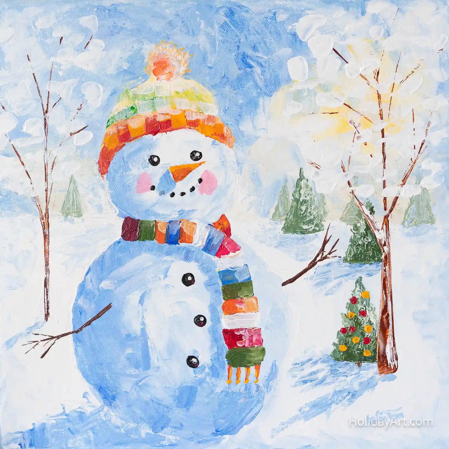 impressionistic painting of snowman next to a small Christmas tree