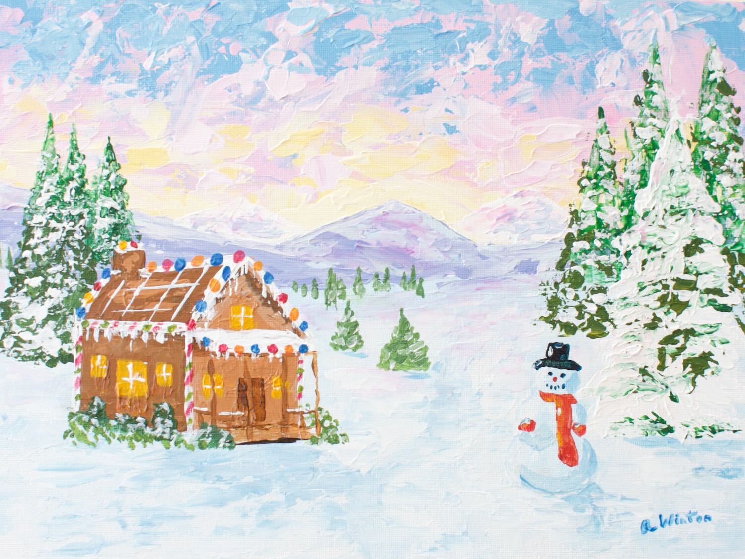 original painting of a gingerbread house and snowman in a forest