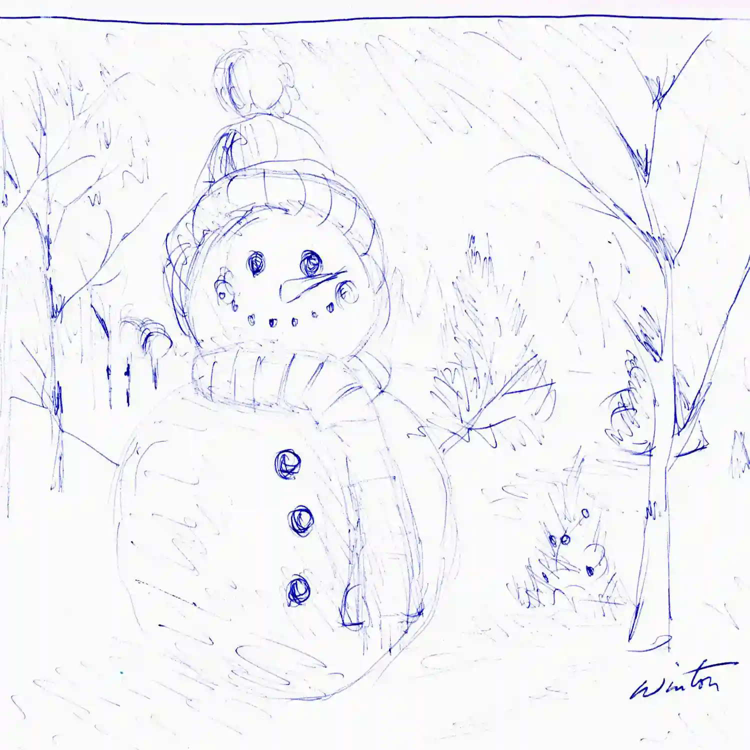 preparatory sketch in pen of a snowman wearing a hat and a scarf and standing in the woods